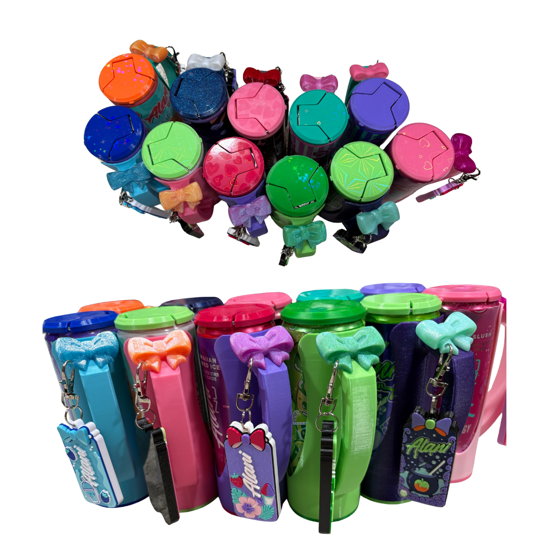 Slim Can Clutch B.A.B.E. (Big Accent Bow Edition) 12oz Slim Can Holder with can lid cover and optional matching Tab Opener Alani Flavors