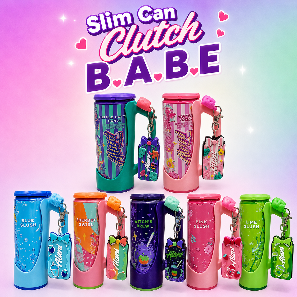 Slim Can Clutch B.A.B.E. (Big Accent Bow Edition) 12oz Slim Can Holder with can lid cover and optional matching Tab Opener Alani Flavors